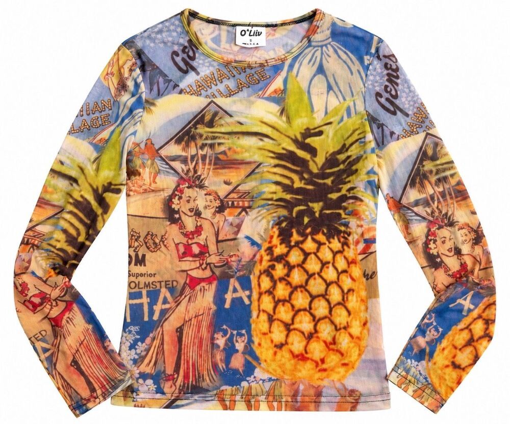 O’Lily Y2K Hawaiian Pineapple Hula Girl Mesh Long Sleeve Top Size Small